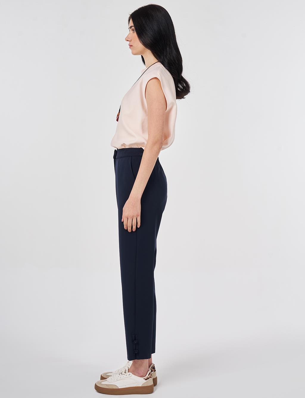 Düğüm Düğmeli Boru Paça Pantolon Koyu Lacivert