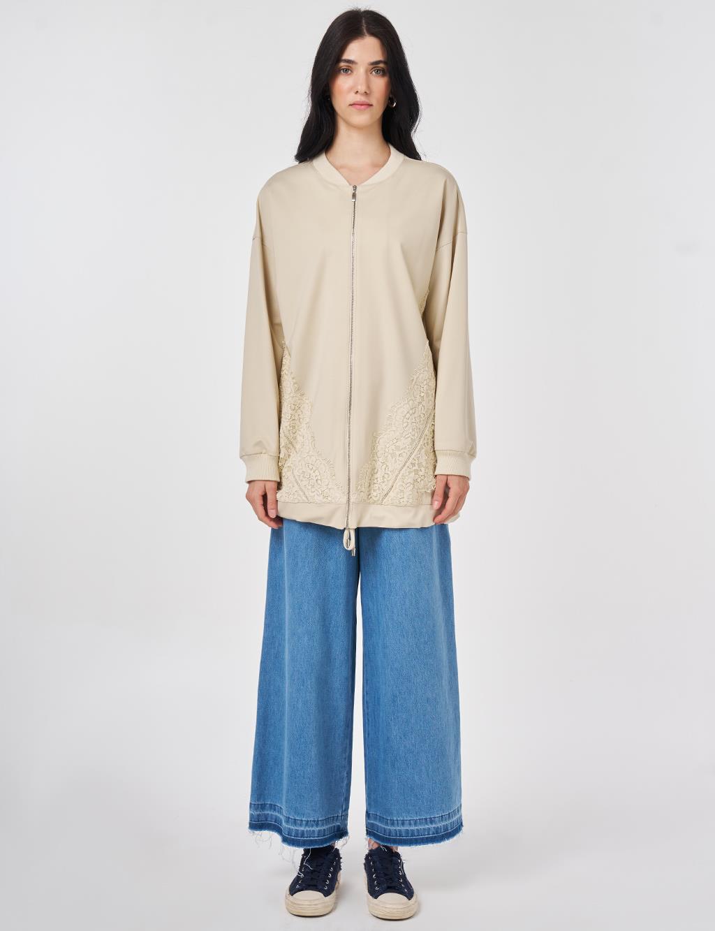 Dantel Garnili Rayon Ceket Krem