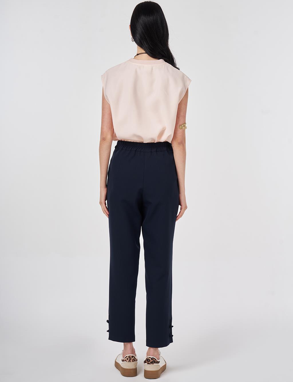 Düğüm Düğmeli Boru Paça Pantolon Koyu Lacivert