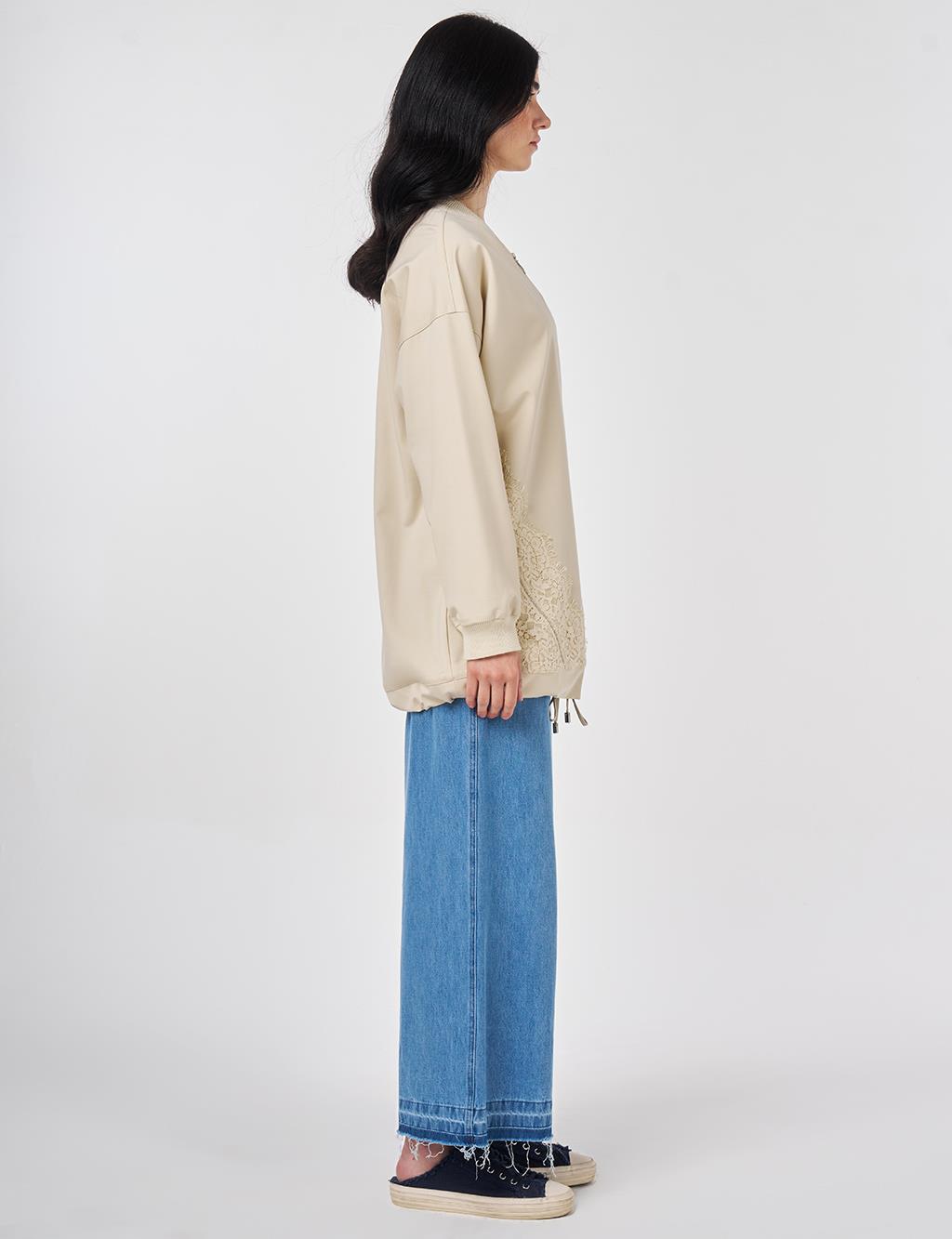 Dantel Garnili Rayon Ceket Krem