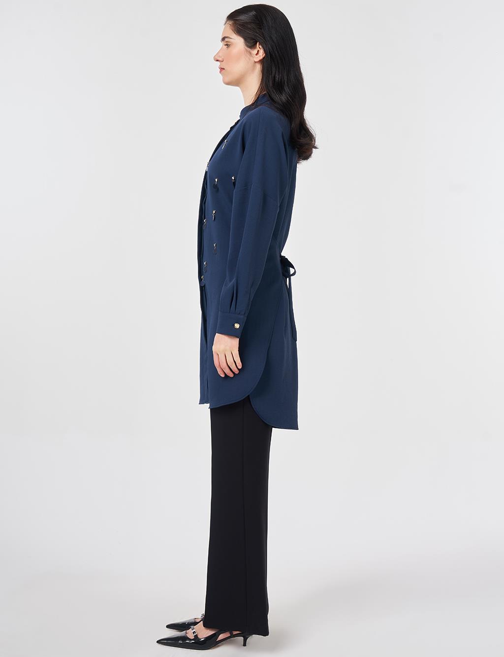 Pul Detaylı Hakim Yaka Tunik Koyu Lacivert