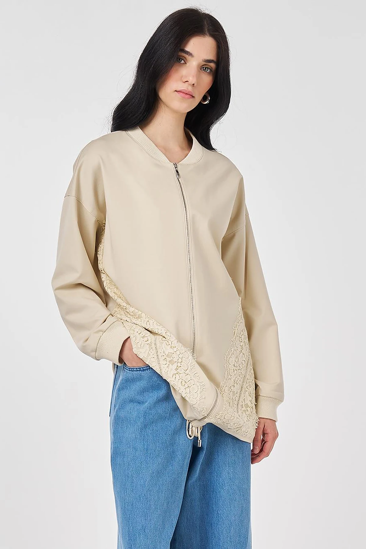 Dantel Garnili Rayon Ceket Krem