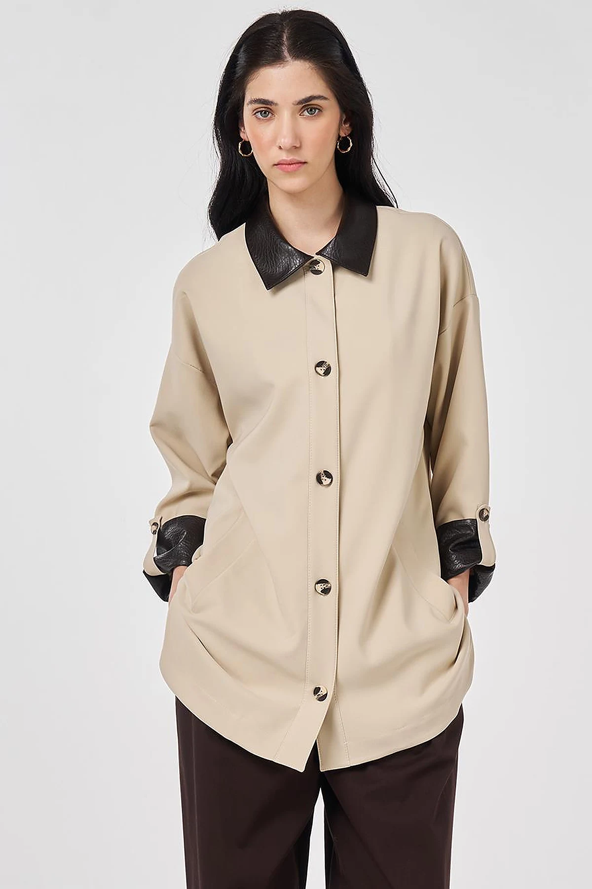 Faux Leather Collar Jacket Stone