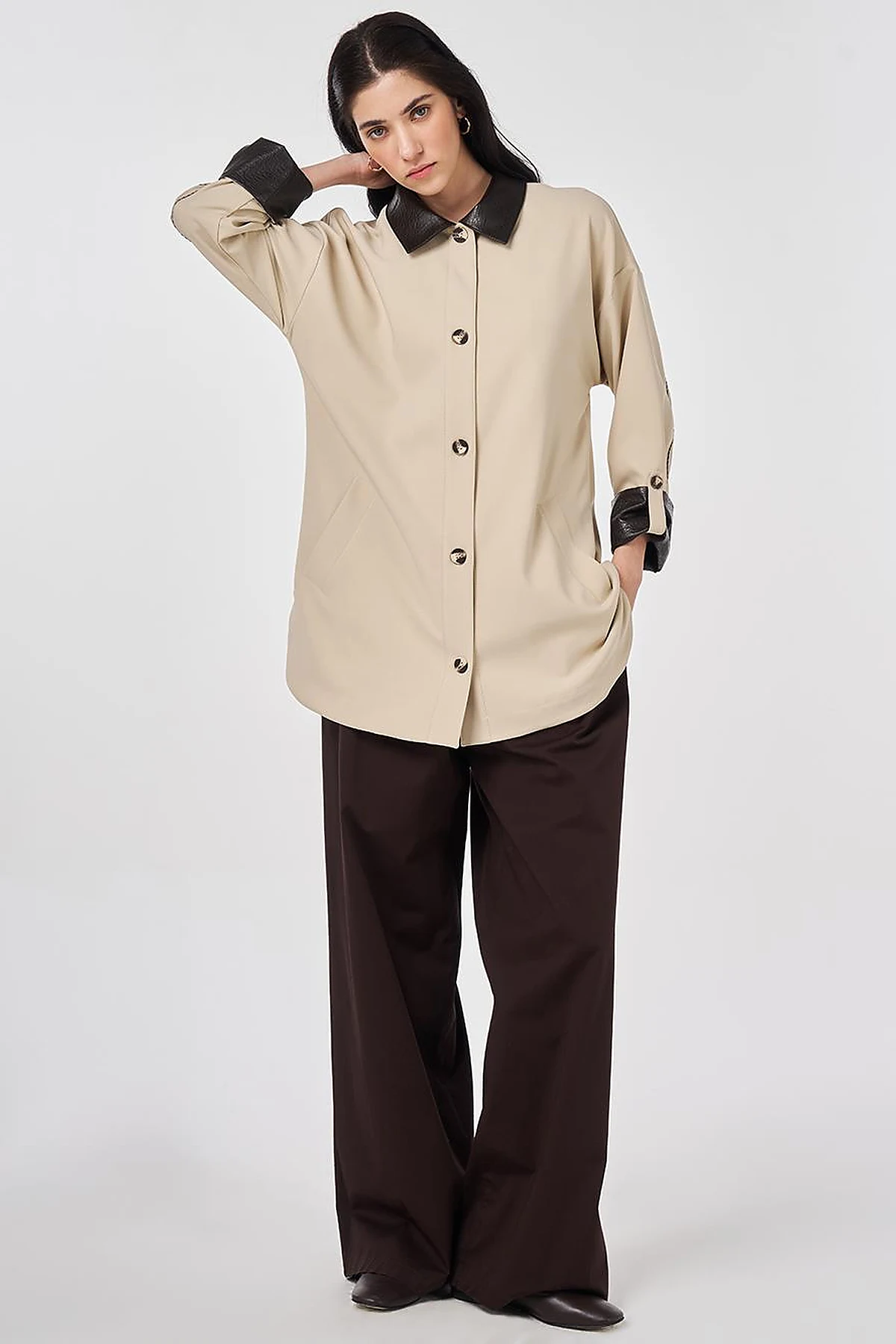 Faux Leather Collar Jacket Stone