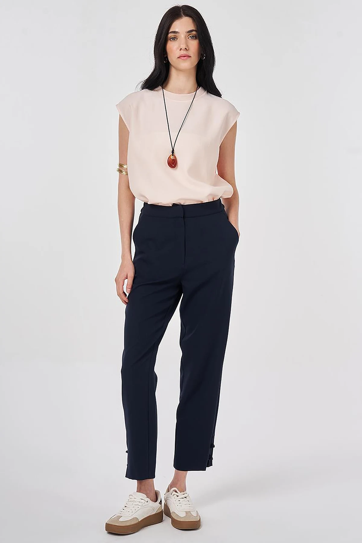 Knot Button Straight Leg Trousers Dark Navy