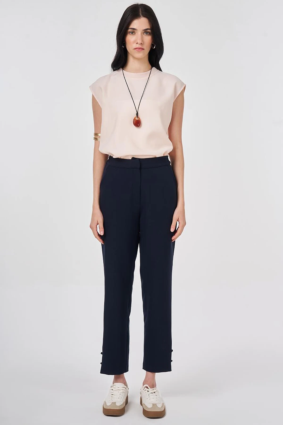 Knot Button Straight Leg Trousers Dark Navy