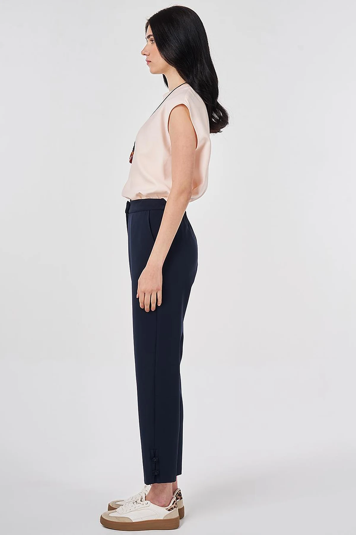 Knot Button Straight Leg Trousers Dark Navy