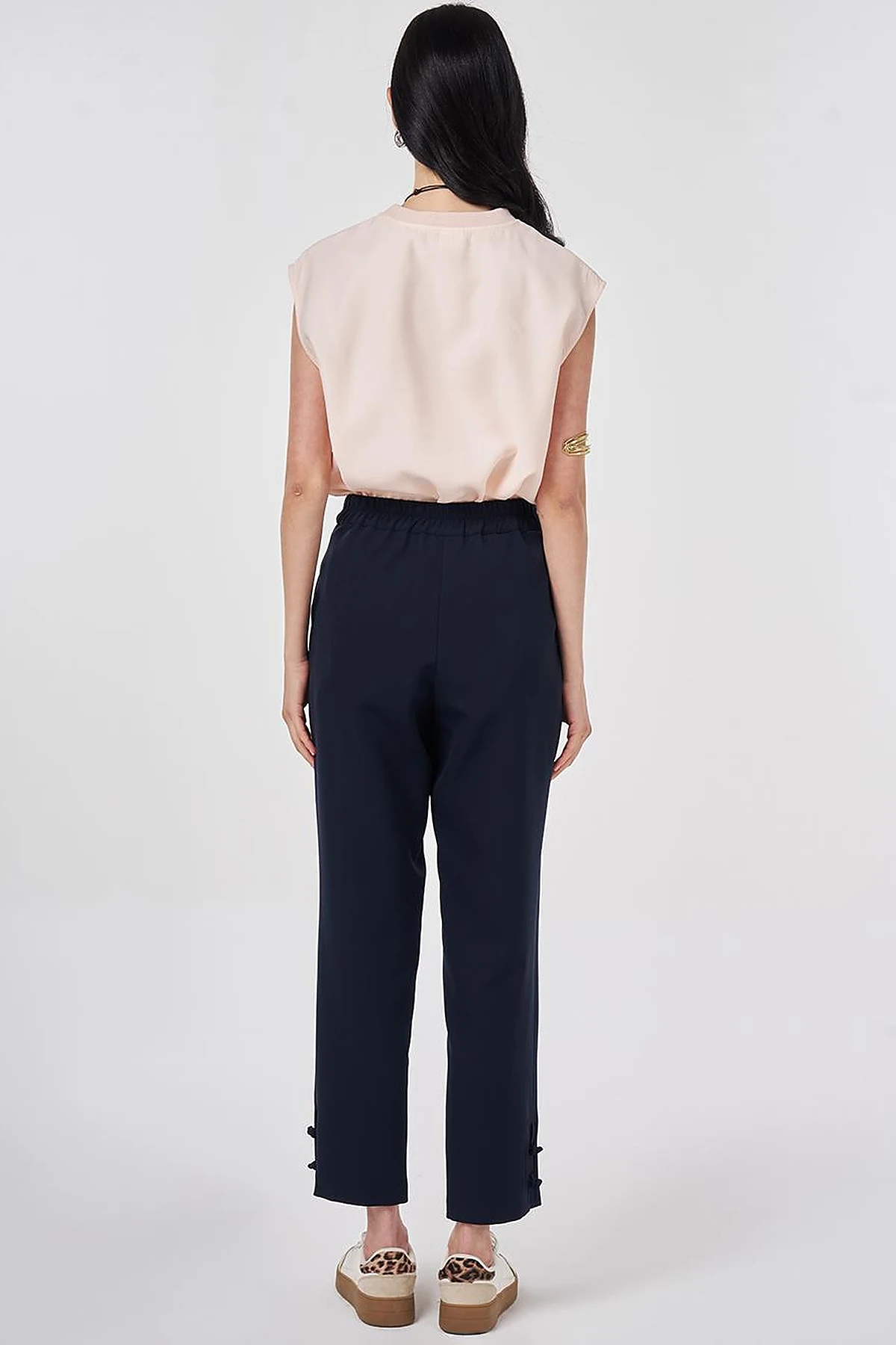 Knot Button Straight Leg Trousers Dark Navy