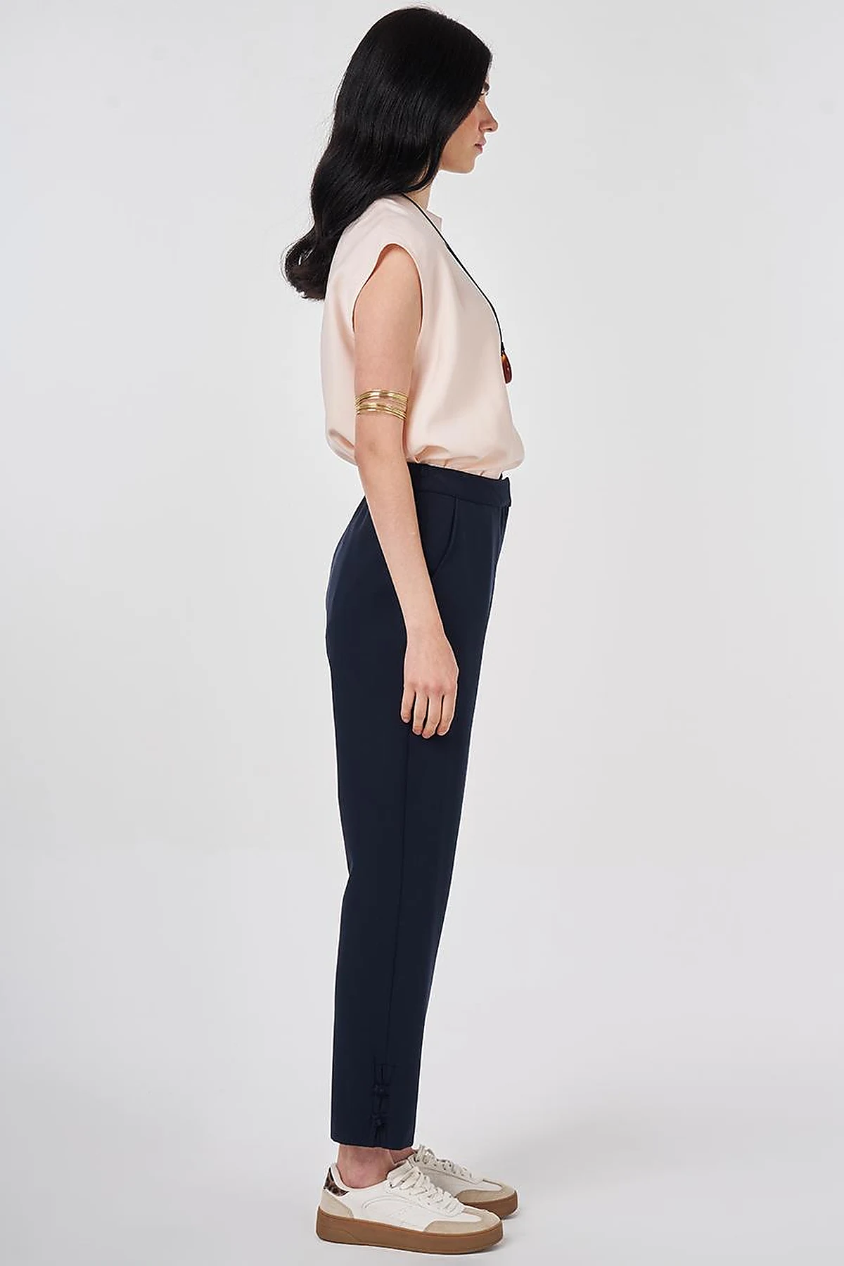 Knot Button Straight Leg Trousers Dark Navy