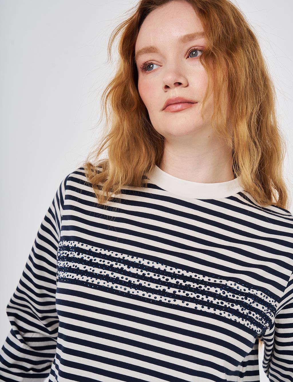 Hotfix Printed Knitted Blouse Dark Navy