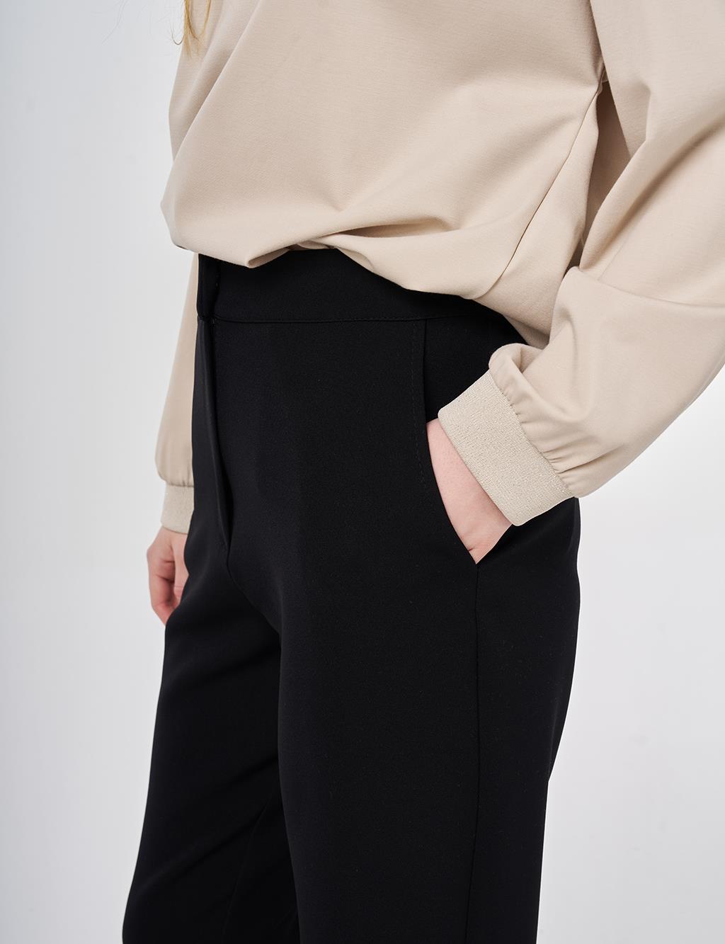 Düğüm Düğmeli Boru Paça Pantolon Siyah