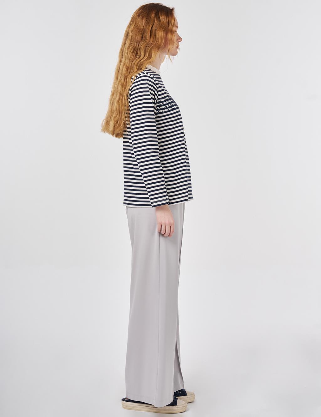 Hotfix Printed Knitted Blouse Dark Navy