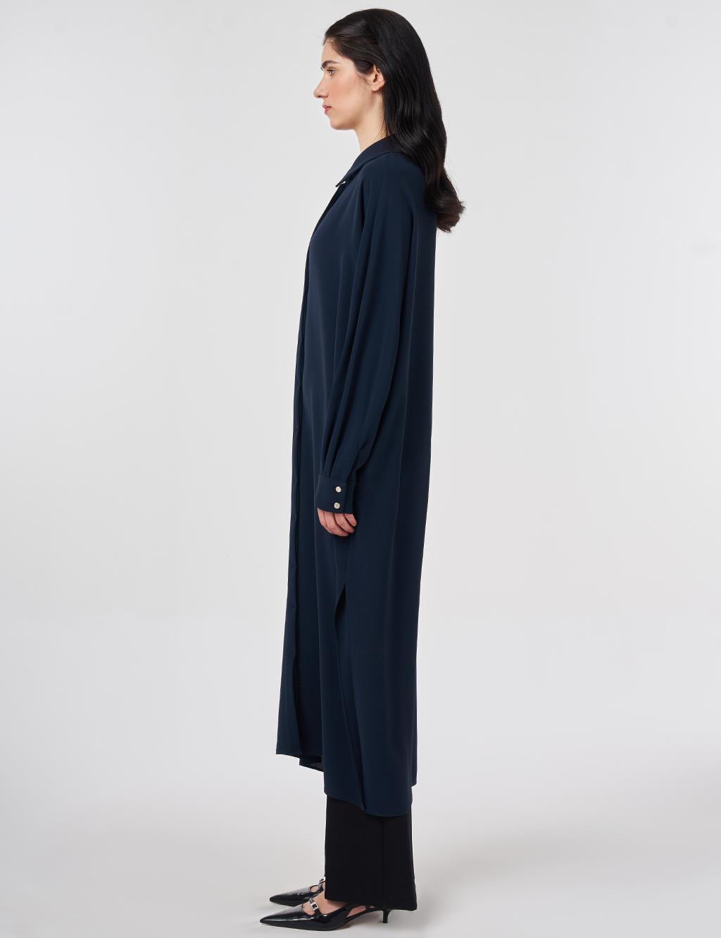 İşlemeli Krep Uzun Tunik Koyu Lacivert