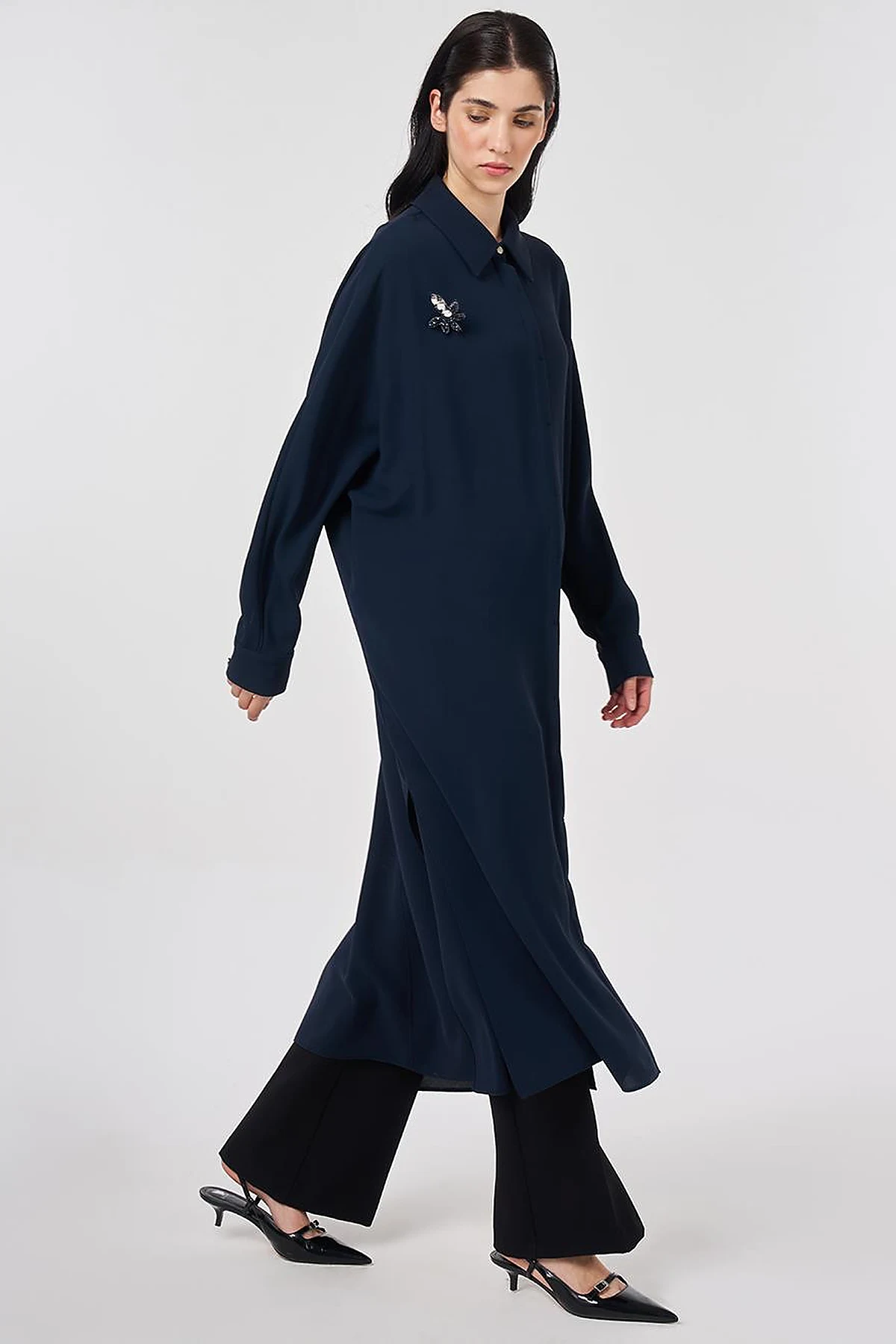 Embroidered Crepe Long Tunic Dark Navy