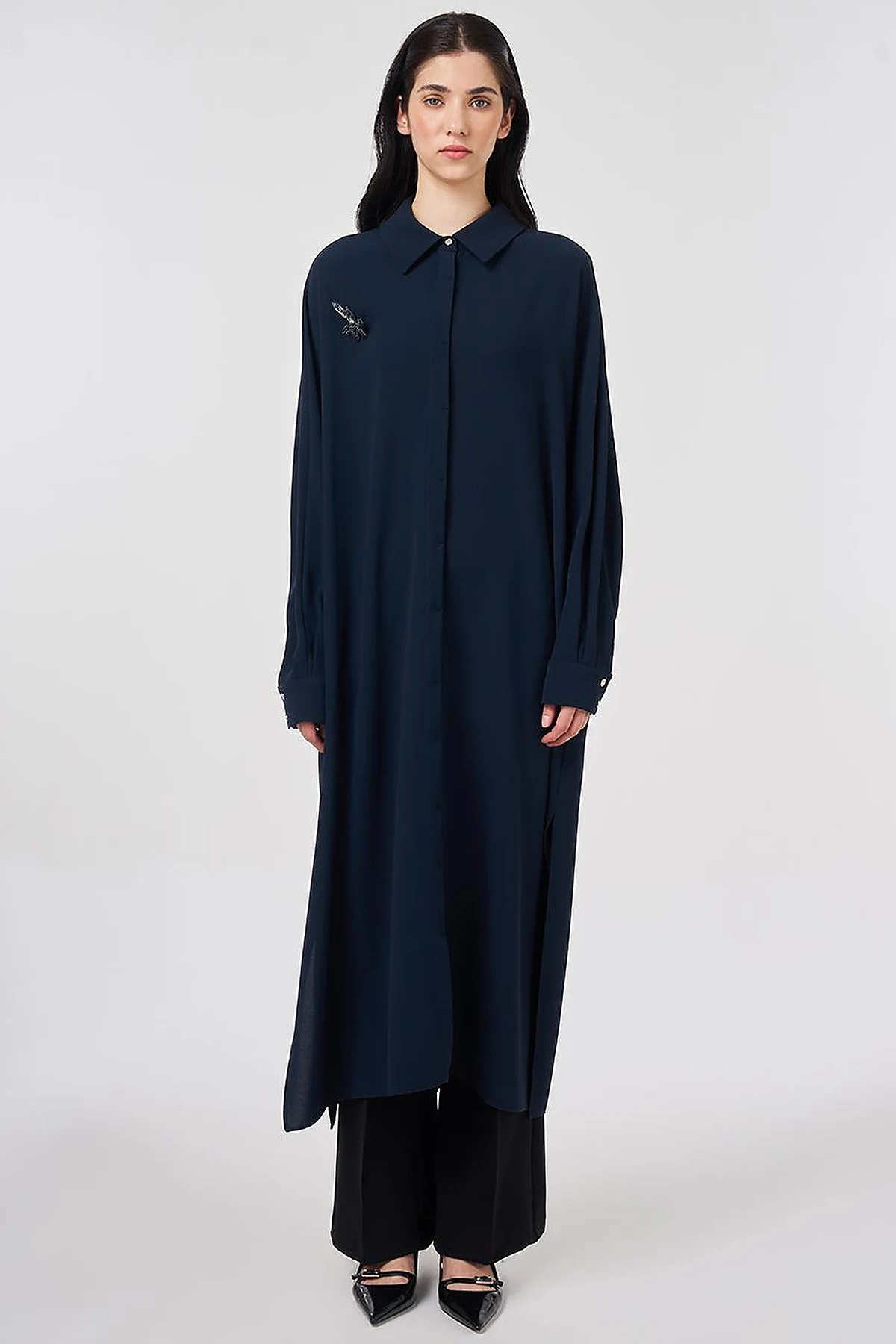 Embroidered Crepe Long Tunic Dark Navy