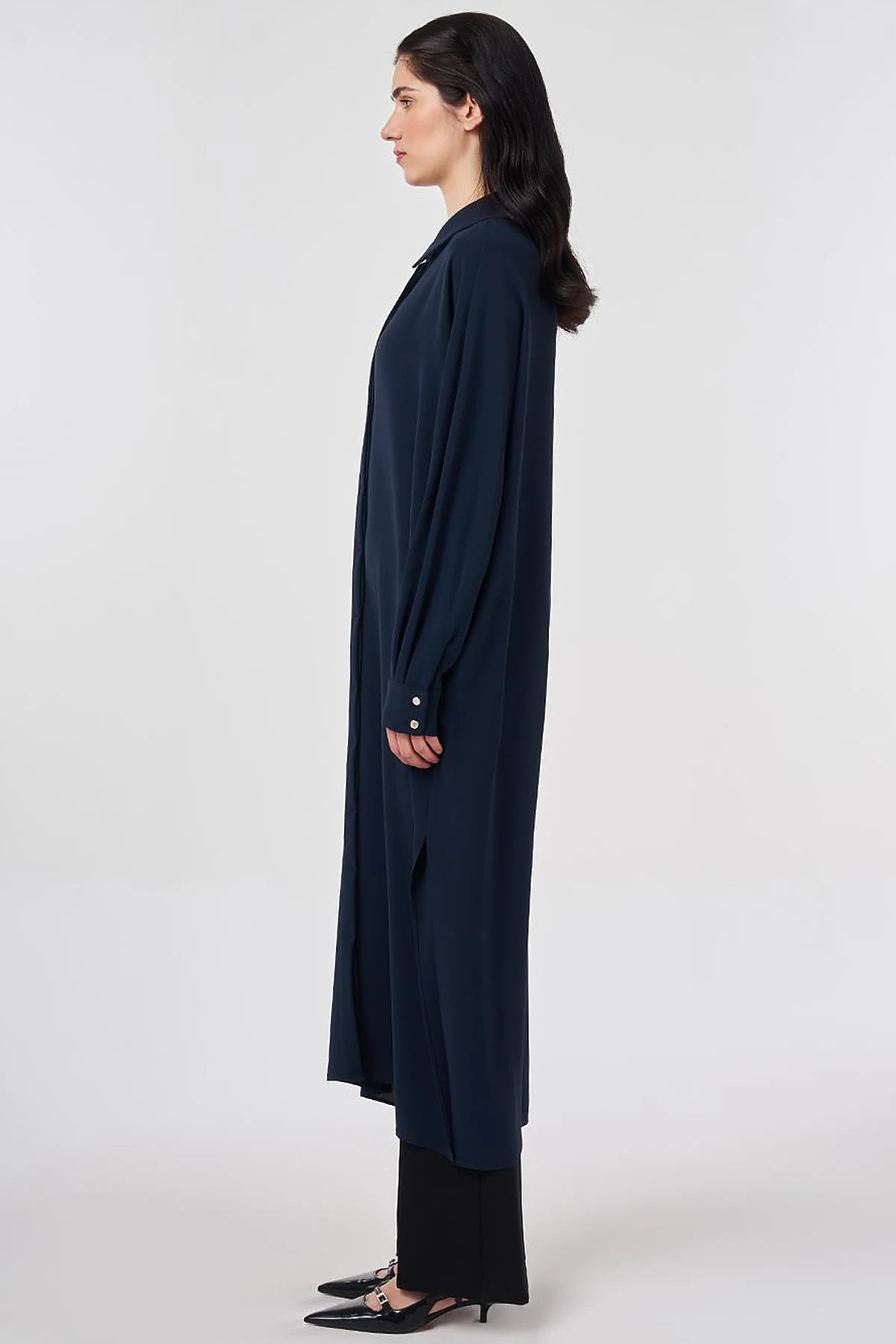 Embroidered Crepe Long Tunic Dark Navy