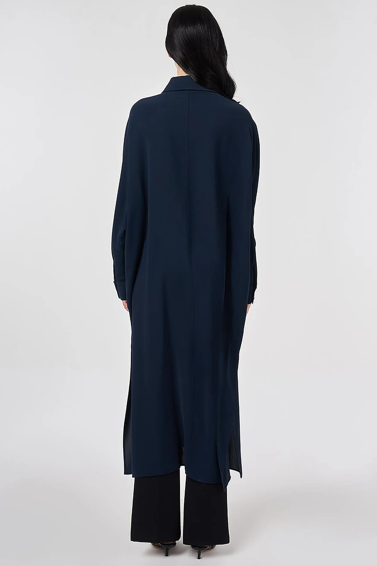 Embroidered Crepe Long Tunic Dark Navy
