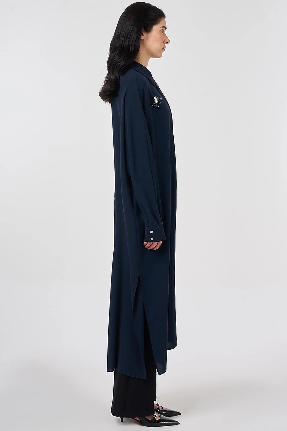 Embroidered Crepe Long Tunic Dark Navy