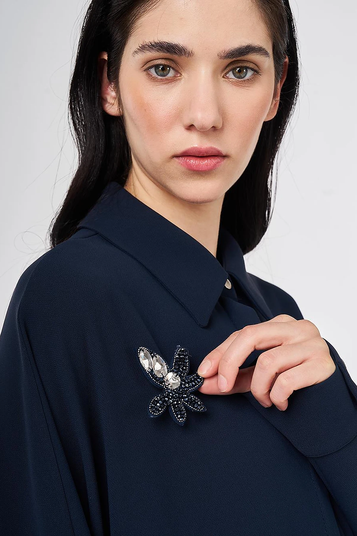 Embroidered Crepe Long Tunic Dark Navy