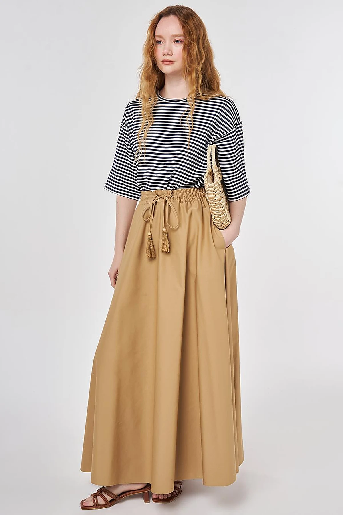 Fringed A-line Skirt Beige