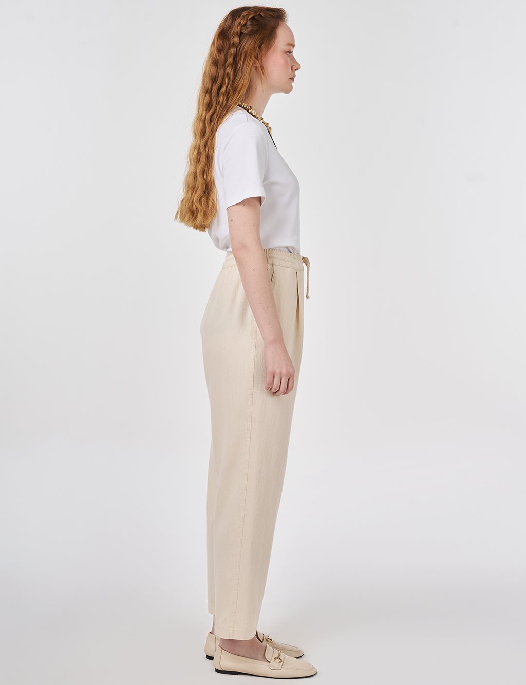 Yüksek Bel Gabardin Pantolon Krem 