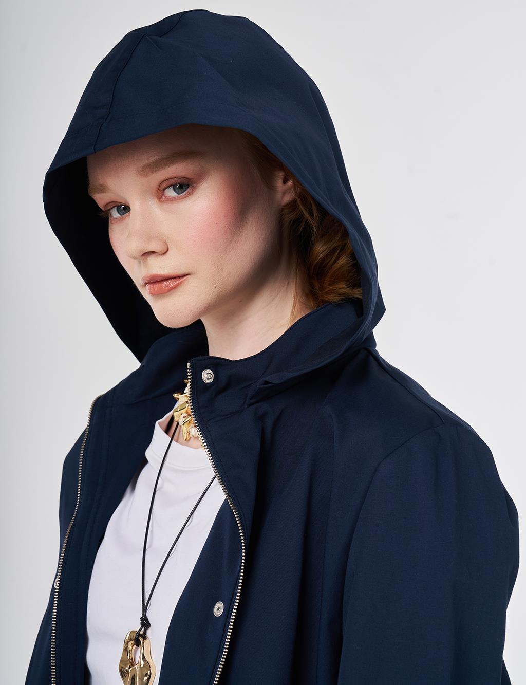 Hooded Short Trench Coat Dark Navy