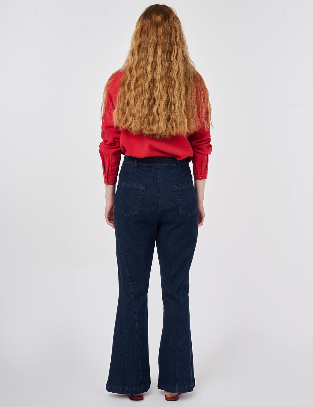Washed Flared Denim Trousers Navy 