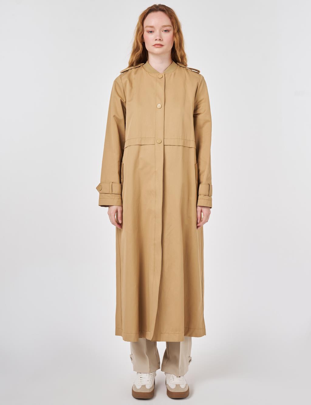 Epaulette-Detail Varsity Collar Throw-On Coat Beige