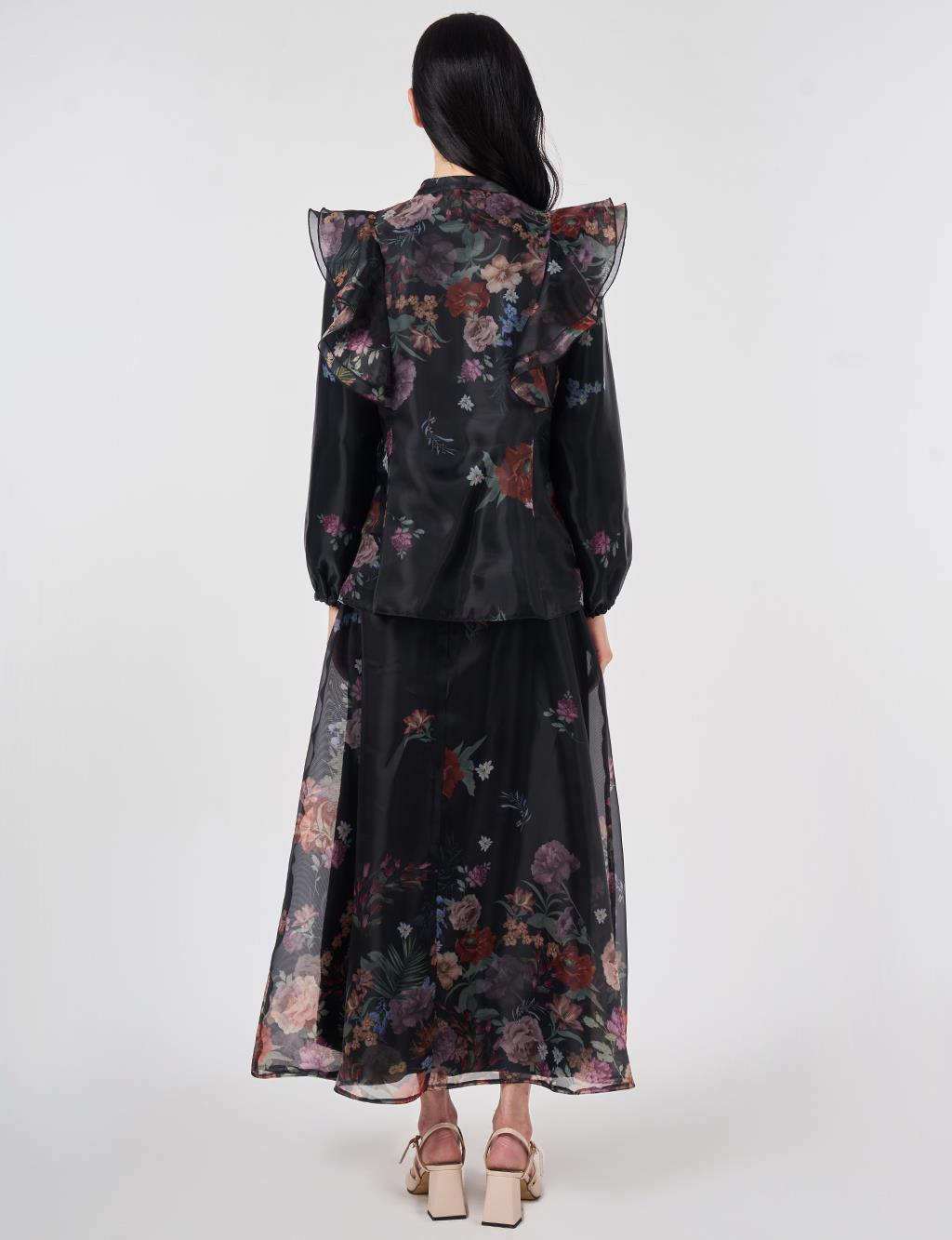 Ruffle Detail Organza Skirt Suit Black