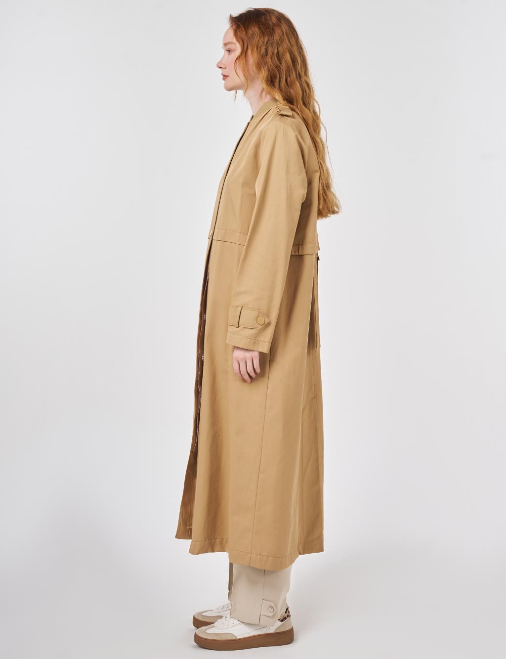 Epaulette-Detail Varsity Collar Throw-On Coat Beige