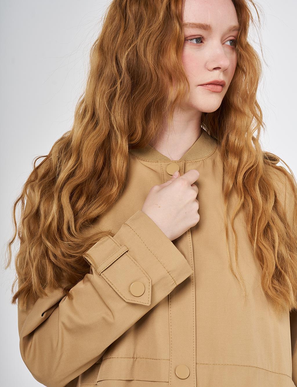 Epaulette-Detail Varsity Collar Throw-On Coat Beige