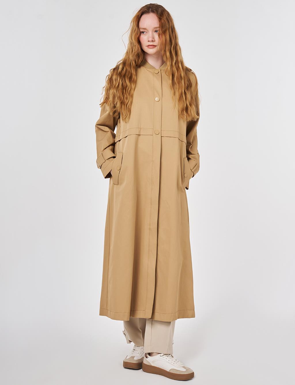 Epaulette-Detail Varsity Collar Throw-On Coat Beige