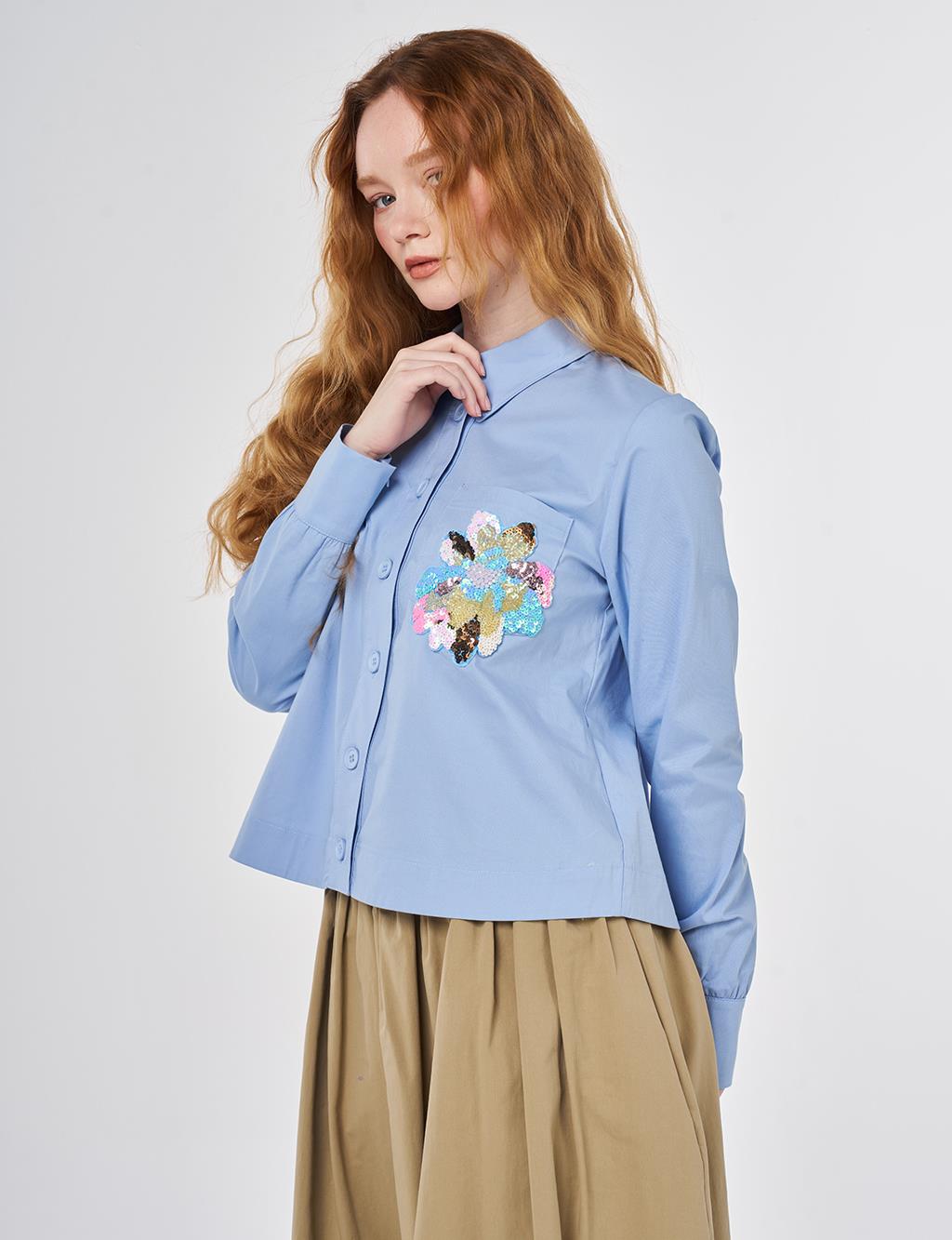 Sequined Cotton Blouse Light Aviator Blue