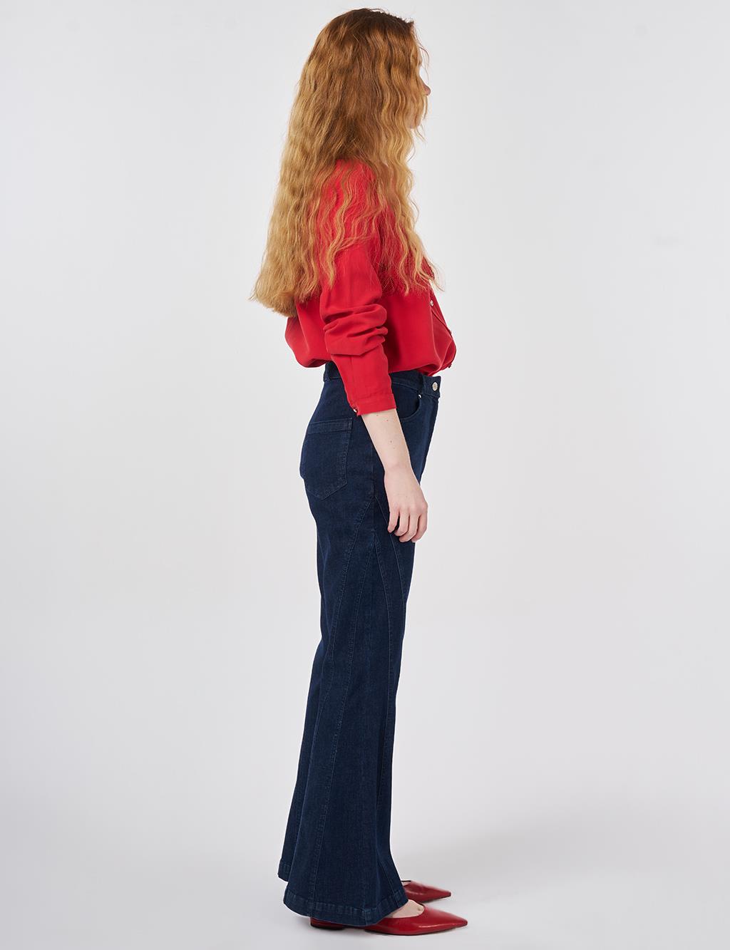 Washed Flared Denim Trousers Navy 