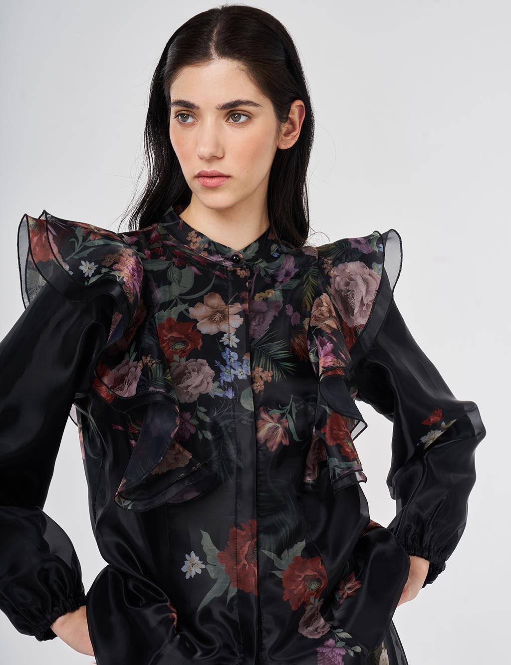 Ruffle Detail Organza Skirt Suit Black