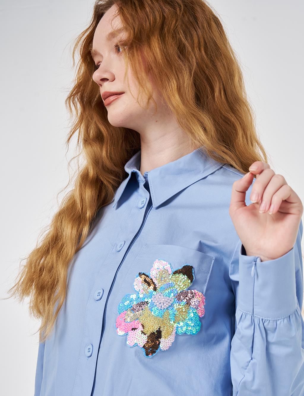 Sequined Cotton Blouse Light Aviator Blue