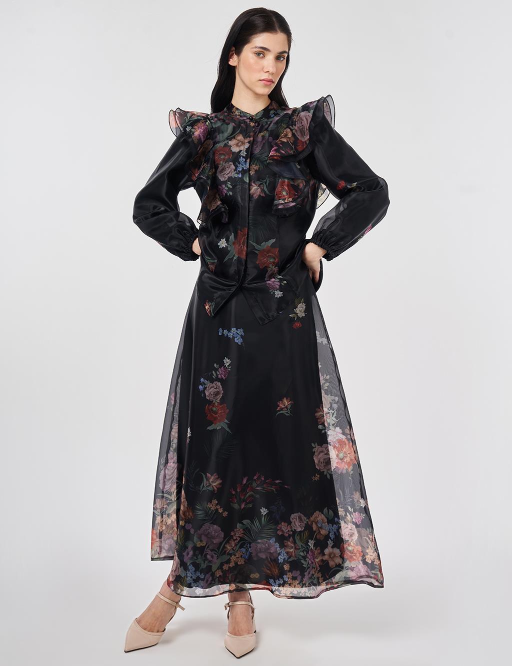 Ruffle Detail Organza Skirt Suit Black