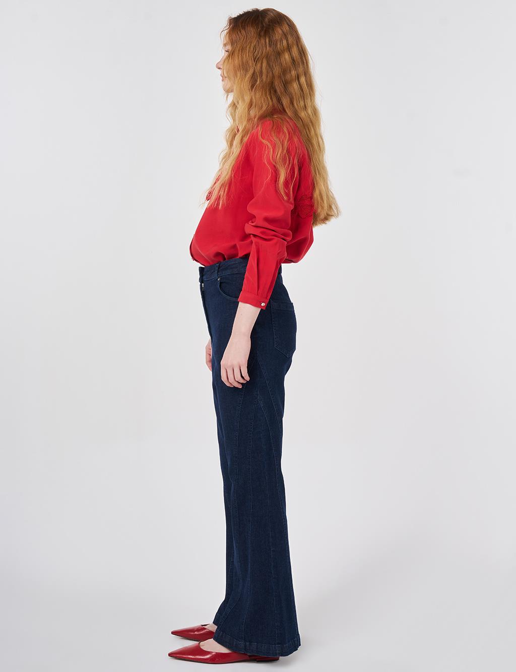 Washed Flared Denim Trousers Navy 