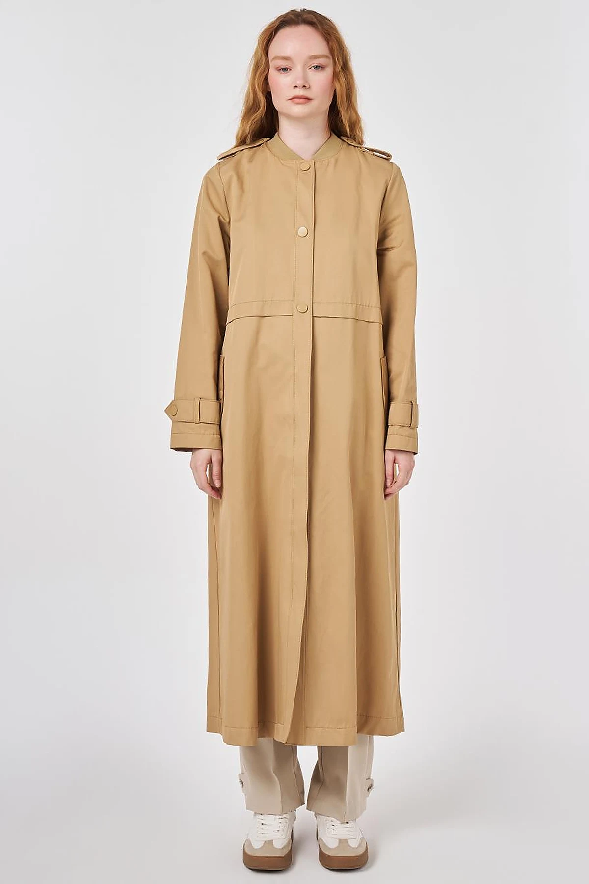 Epaulette-Detail Varsity Collar Throw-On Coat Beige