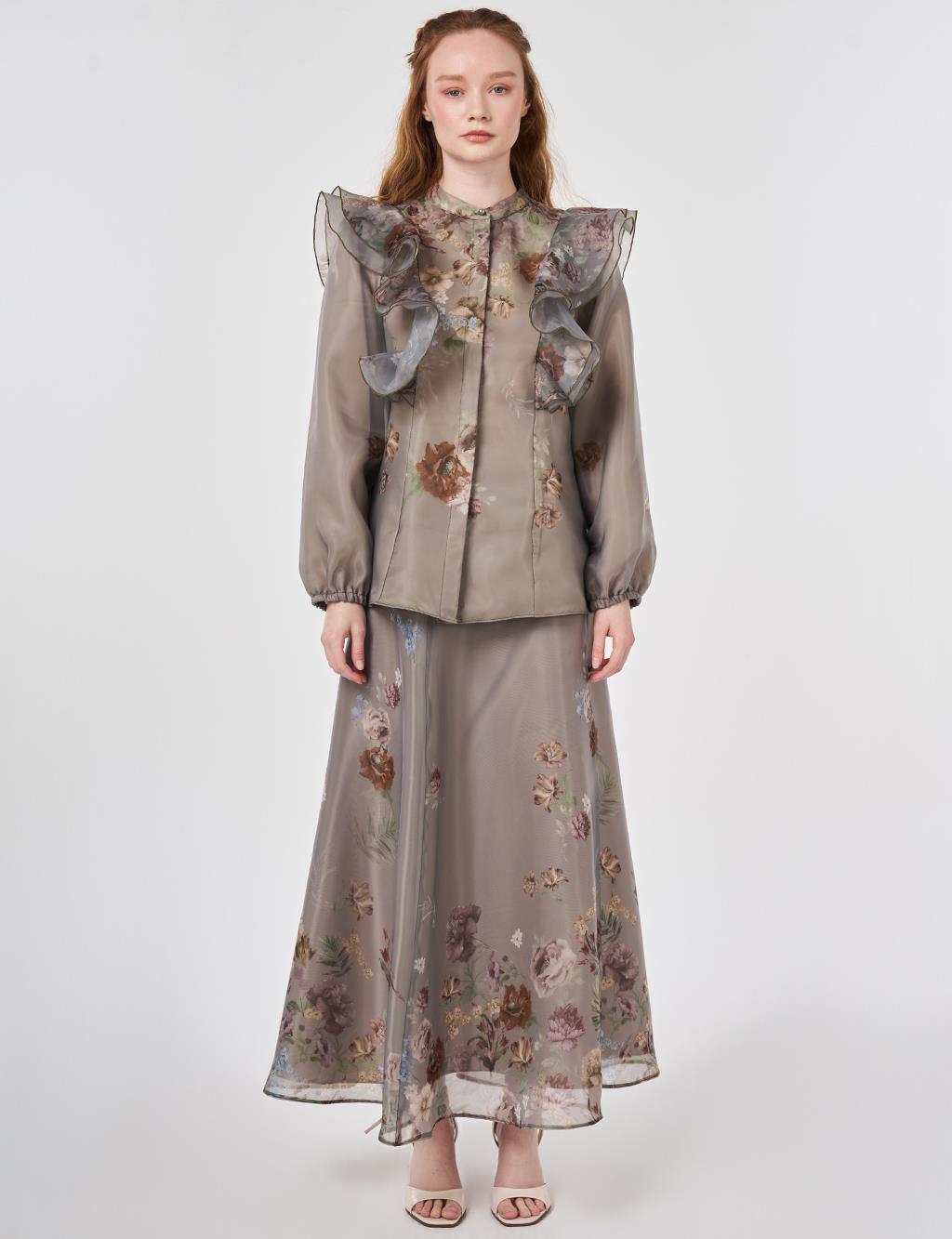 Organza Skirt Suit with Ruffle Detail, Moss Green