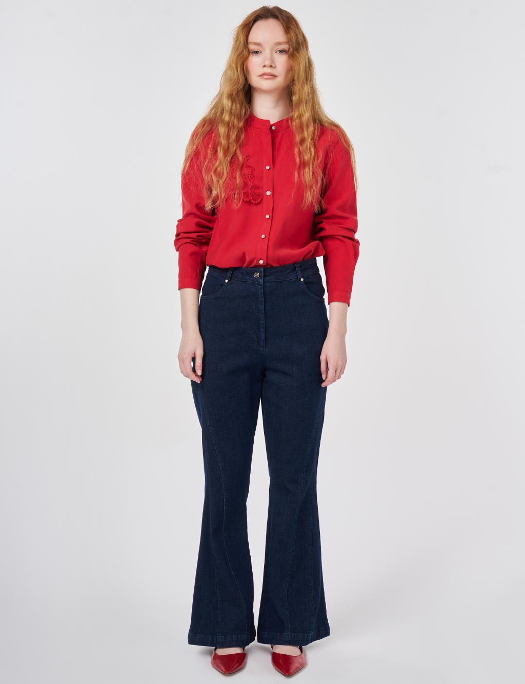 Washed Flared Denim Trousers Navy 