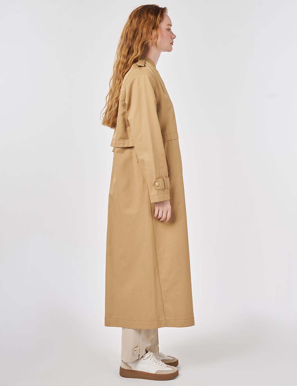 Epaulette-Detail Varsity Collar Throw-On Coat Beige