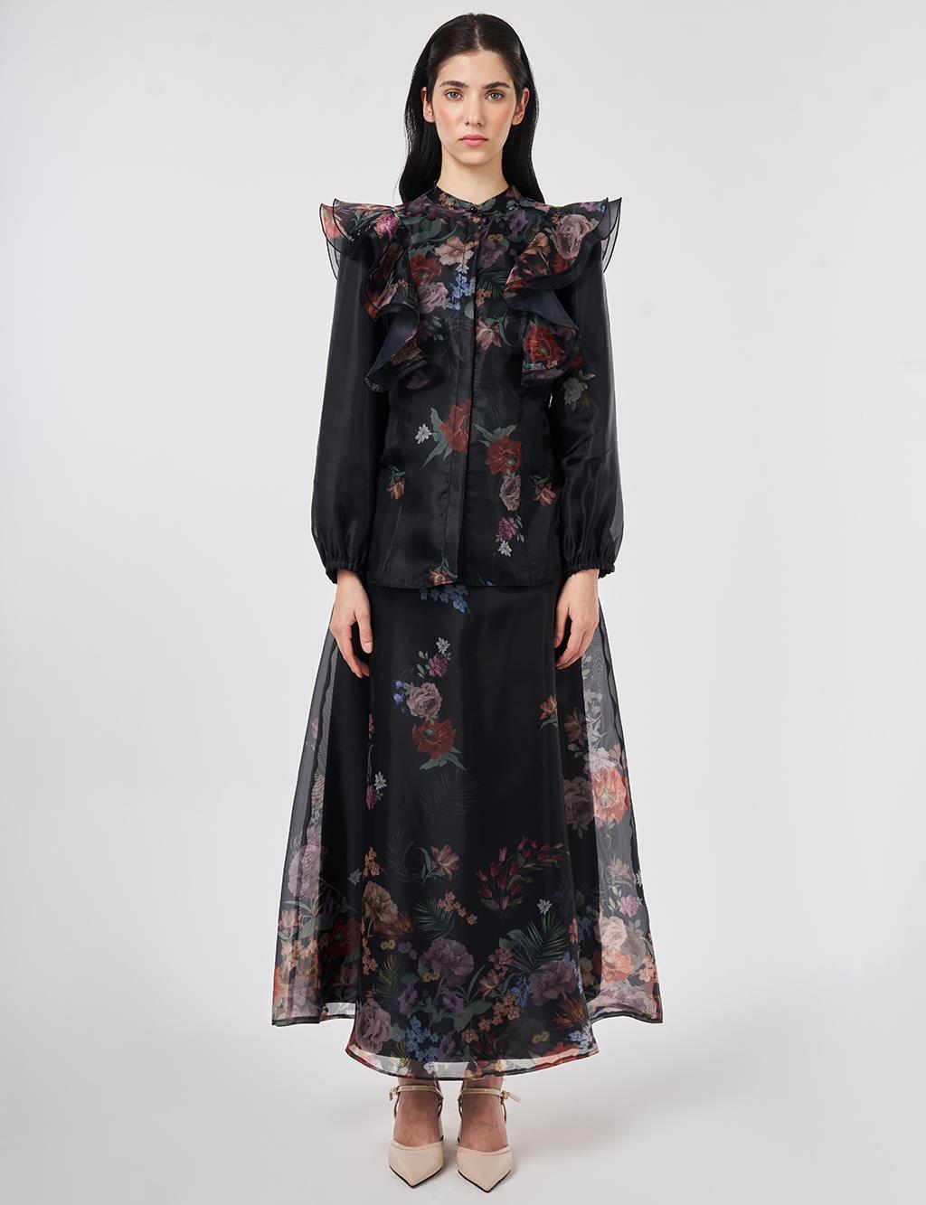 Ruffle Detail Organza Skirt Suit Black