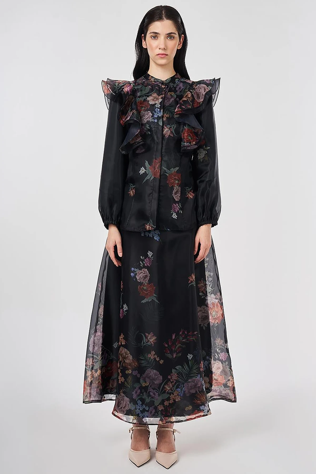 Ruffle Detail Organza Skirt Suit Black