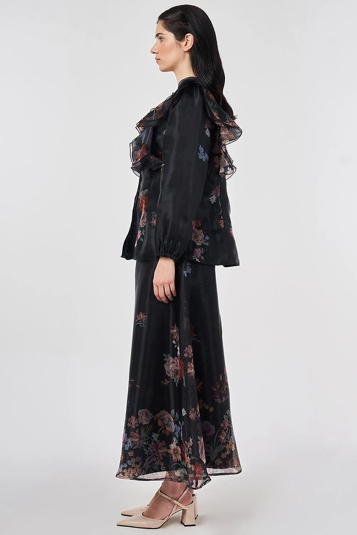Ruffle Detail Organza Skirt Suit Black