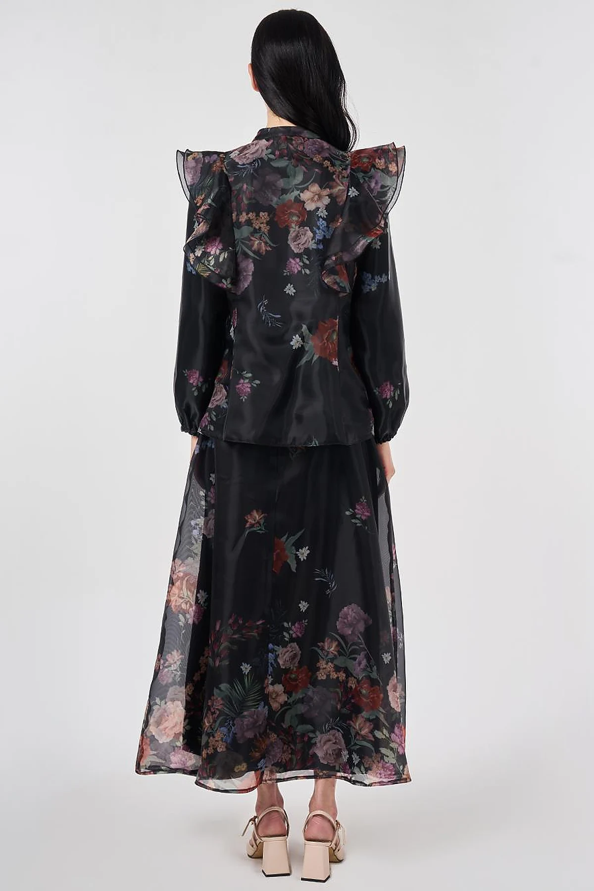 Ruffle Detail Organza Skirt Suit Black