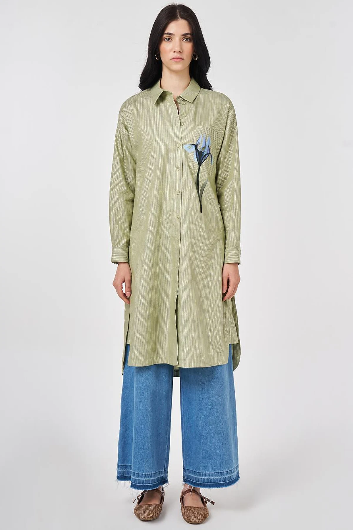 Floral Print Cotton Tunic Matcha Green