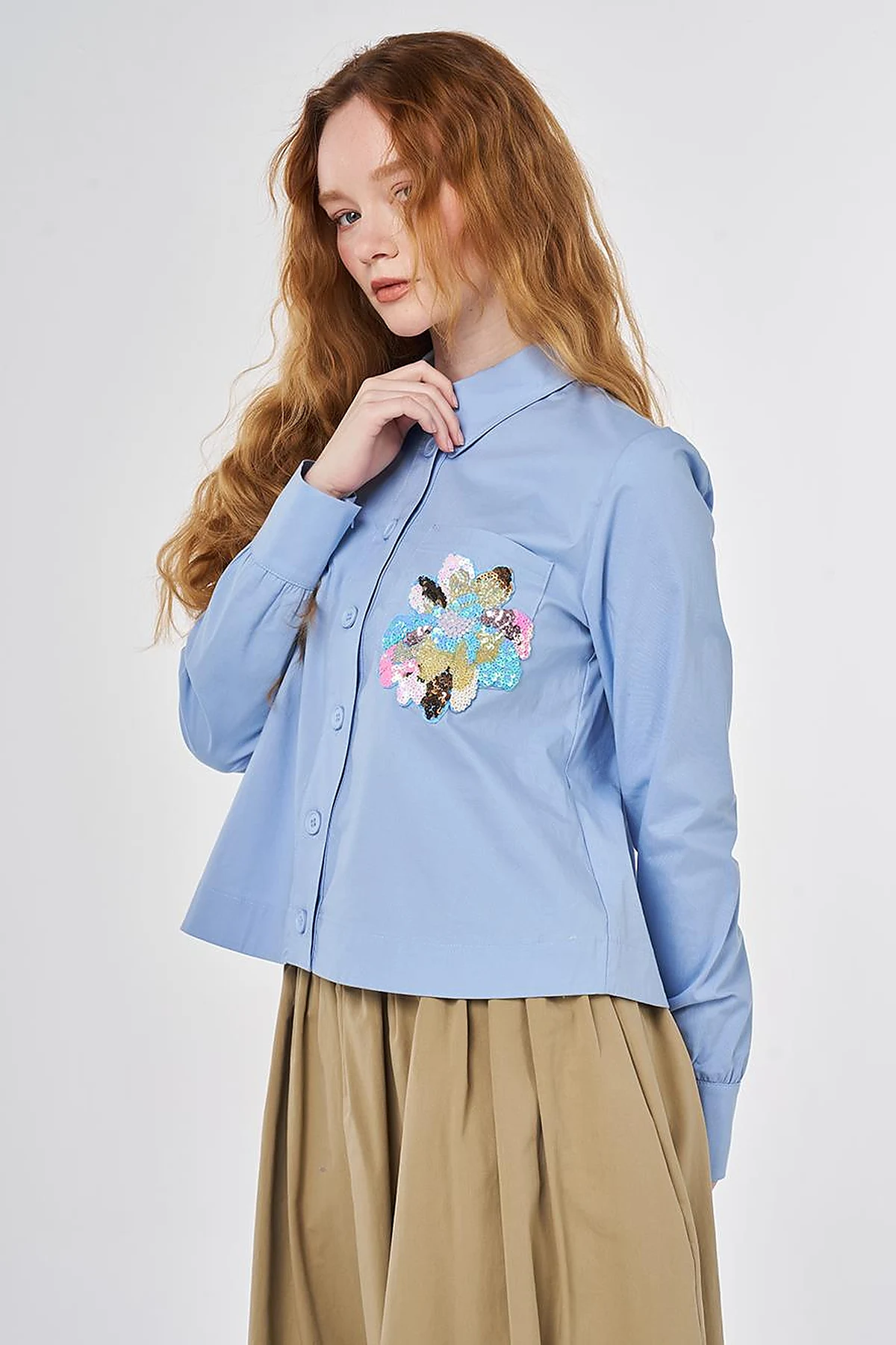 Sequined Embellished Cotton Blouse Light Aviator Blue