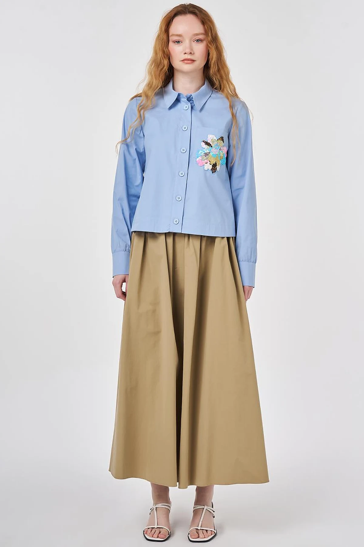 Sequined Embellished Cotton Blouse Light Aviator Blue