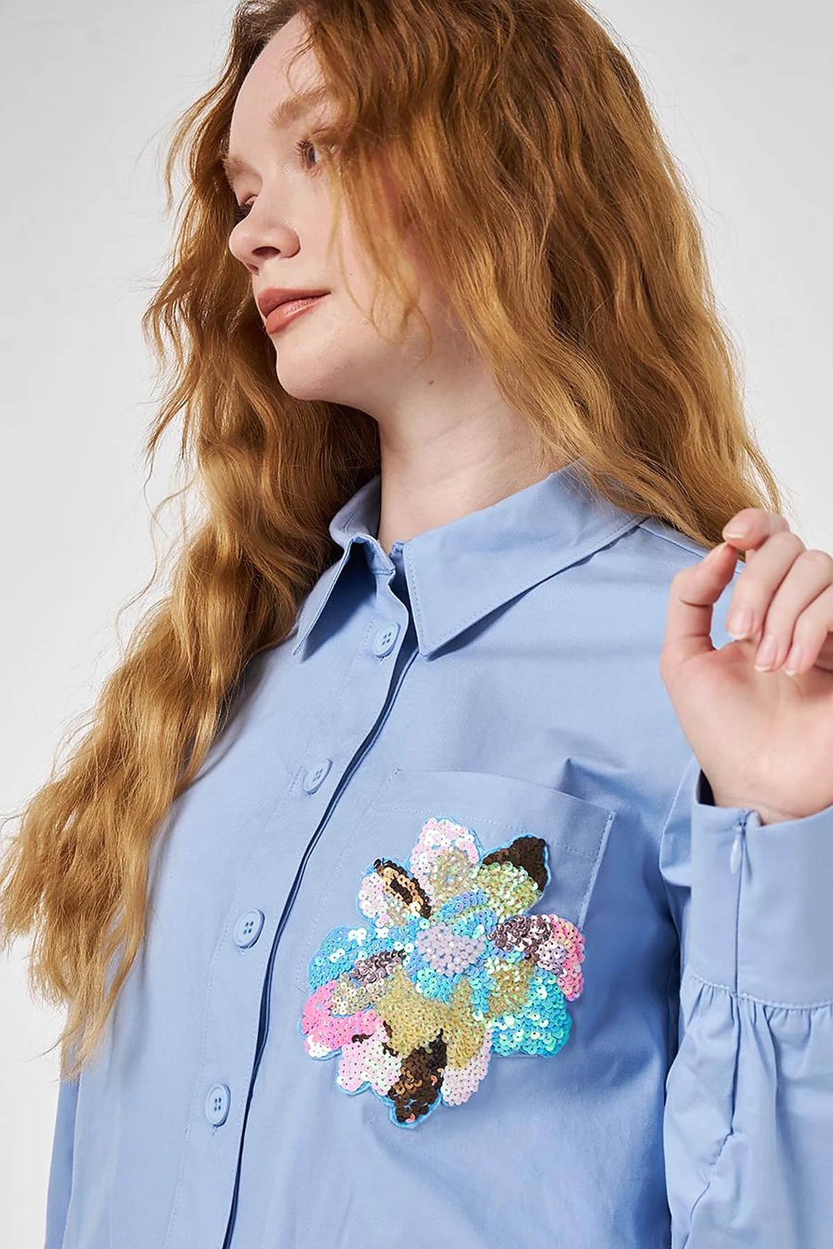 Sequined Embellished Cotton Blouse Light Aviator Blue
